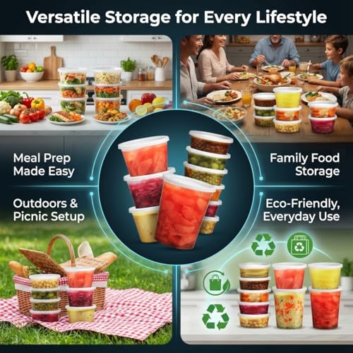 Image of JoyServe Deli Food Containers with Lids - (24 Pack) 8 Sets of Each Size - 8 Oz - Cup / 16 Oz - Pint / 32 Oz - Quart Sizes Food Storage Takeout Meal Prep Storage, BPA-Free, Dishwasher, Microwave Safe