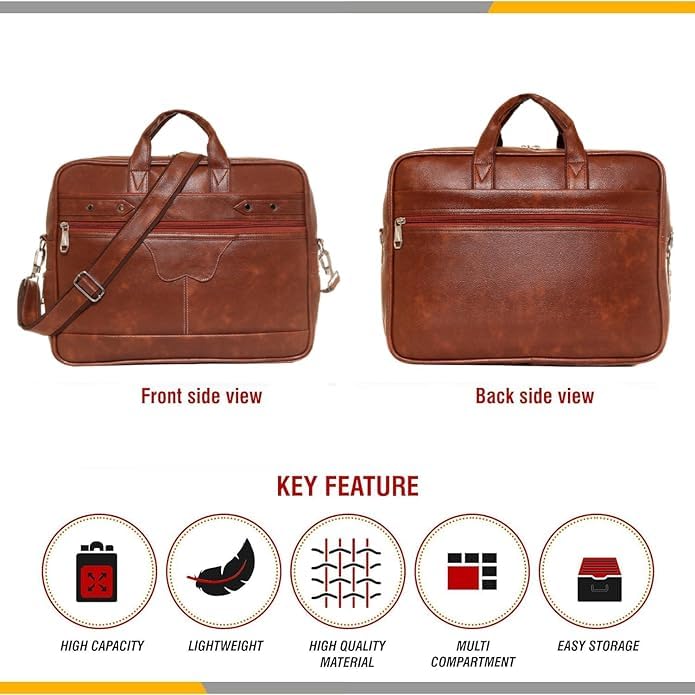 Image of Men's Synthetic Leather Messenger Bag, Brown, Professional Laptop Shoulder Bag with Adjustable Strap