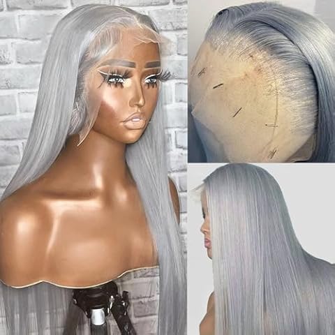 Grey Lace Front Wigs Human Hair 22 Inch 13x4 Grey Wig Human Hair Pre Plucked Glueless HD Lace Front Grey Wigs for Black Women 180% Density Colored Silver Grey Straight Human Hair Lace Front Wigs Cover