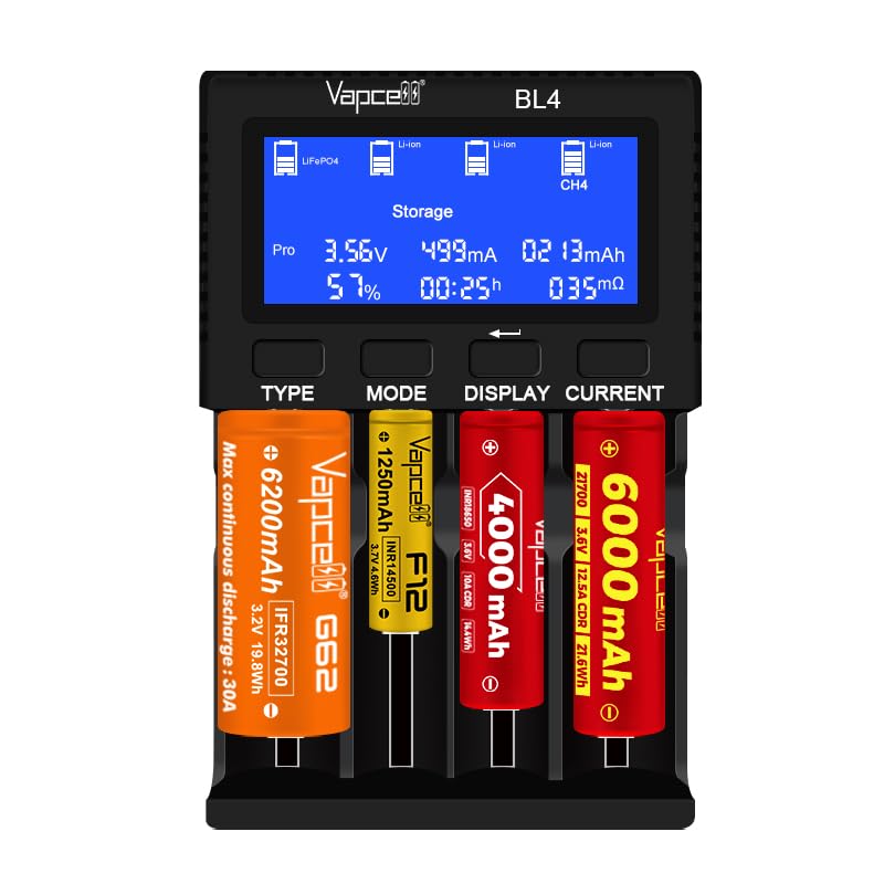 Vapcell BL4 Universal Battery Charger front view with LCD screen and four battery slots