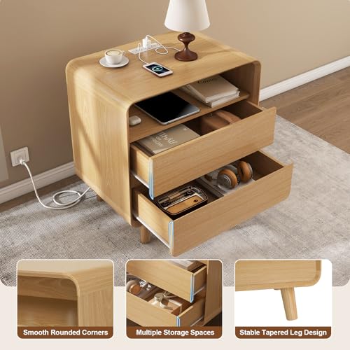Image of Nasonet Night Stand with Charger Station, Mid Century Modern Nightstand with 2 Drawers, Wood Bedside Table for Bedroom, Curved Beveled Design, Oak
