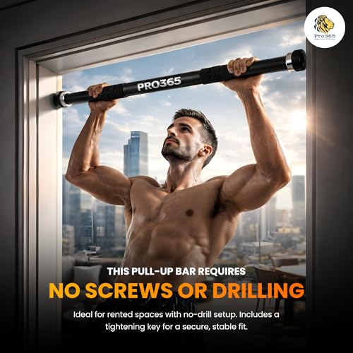 Image of PRO365 Permanent Drill Free Pull Up Bar | No Screws Required | Tightening Key Included | Chin-Up Bar with Non-Slip Foam Grips Premium Suction Cups | Heavy Duty Steel Body | Fits Doorways 60-100 cm | 110 KG | 1 Year Warranty