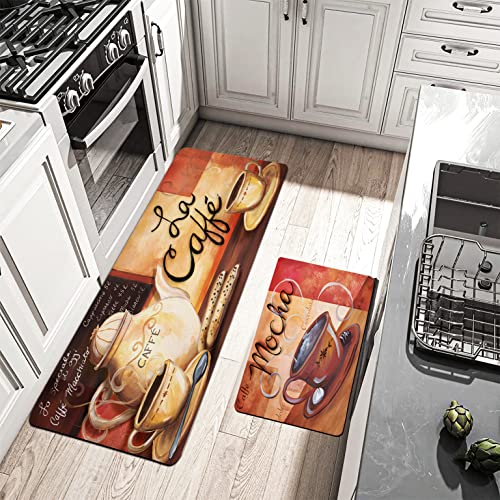 Coffee Kitchen Rugs Anti Fatigue Kitchen Rug Red Mocha Cup Decoration Cushioned Kitchen Mats For Floor Waterproof Non Skid Washable Standing Kitchen Mat, Set Of 2,17.3 X 28+17.3 X 47 Inches, Pvc #TOP1