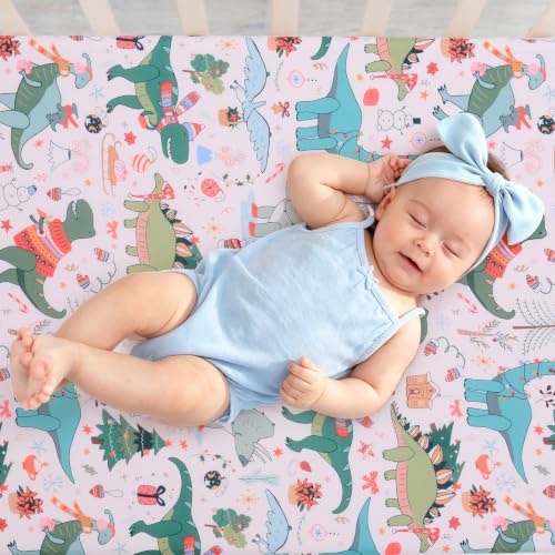 Image of JISEN Christmas Fitted Crib Sheets for Boys Girls 52x28 Inch Dinosaurs Pink