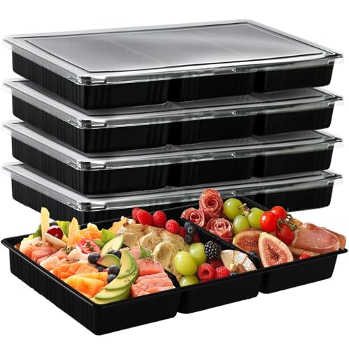 5 Pack Extra Large Divided Catering Trays with Lids 14 x 7.7 x 1.6 Inch Charcuterie Board with Lid Plastic Tiramisu Catering Trays for Snacks, Fruit, Cookies, Dessert
