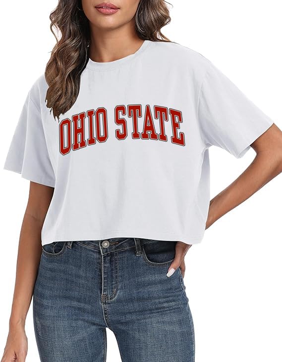 Oversized Crop Tops for Women Ohio State Shirts Short Sleeve Crewneck Drop Shoulder Preppy Cropped Tees Loose Fit White L