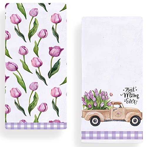Best Mom Ever Tulip Truck Kitchen Dish Towel 18 X 28 Inch Set Of 2, Happy Mother's Day Spring Summer Floral Tea Towels Gift Dish Cloth For Cooking Baking #TOP12