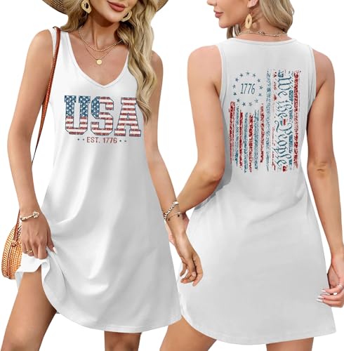 Image of LHBNK 4th of July Dress for Women: American Flag Tank Dresses Star Striped Splicing Loose V Neck Sundresses