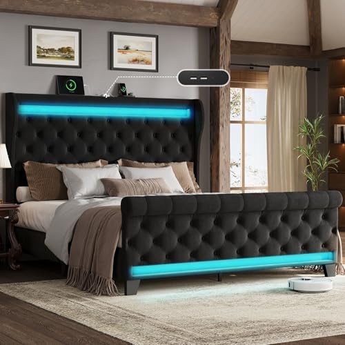 Belffin King Size Bed Frame with Headboard,50' Tall Headboard Upholstered Velvet Platform Bed with LED Lights & 2 USB Port/1 Type C Port, Button Tufted, No Box Spring Needed,Noise Free,Black