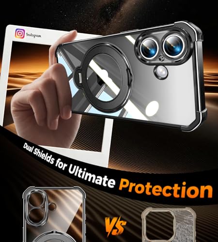 Image of Soft Case for iPhone 16 with 360 Rotating Magnetic Stand, Compatible with Mag-Safe, 4X MIL-Drop Protection, Lightweight Glossy Anti-Yellowing Clear Back Phone Cover for iPhone 16, Black
