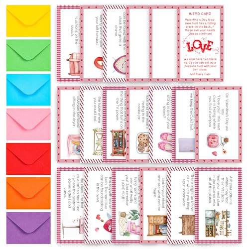Tuiemie Valentine's Day Treasure Hunt Clue Card, Set of 19 Cards and 22 Envelopes, Indoor Scavenger Hunt Clues, Holiday Activity Celebration Anniversary Party Game, xbg01