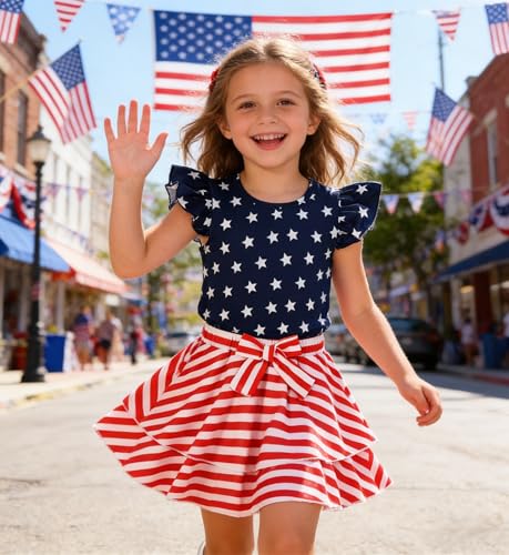 Image of Girls Skirt Set 2 Piece Outfit Toddler Summer Clothes Ruffle Sleeve T-Shirt Bow Knot Tutu Skirt Outfit Set