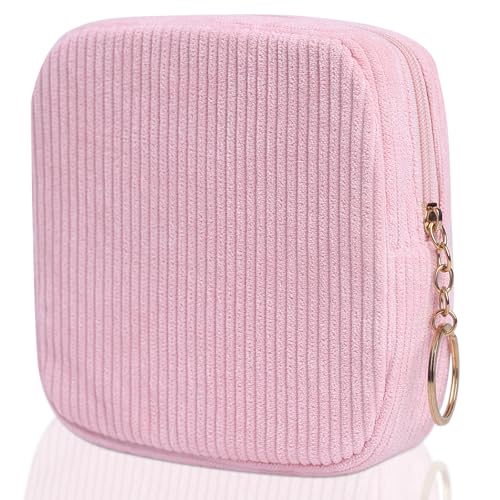 Image of Sanitary Napkin Storage Bag, Preppy Corduroy Period Bag for Women, Cute Portable Period Pouch with Zipper, Sanitary Pads Bag Tampons Holder for Purse, First Period for Women Ladies
