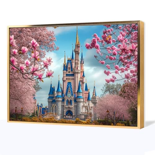 絵画 ディズニーランドに咲く桜インテリア 絵画 雄大な建物 魅力的な花アートパネル 壁の絵 ポスター 壁掛け ソファの背景絵画 玄関 壁飾り 絵画 アルミフレーム完成品 60x90cm