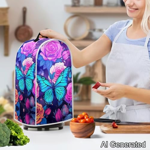 Image of Rose Butterfly Kitchen Blender Dust Cover Anti Fingerprint Polyester Food Processor Cover with Top Handle for Kitchen Counter Machine Washable