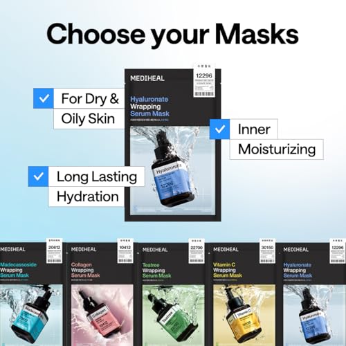 Image of MEDIHEAL Wrapping Serum Mask [Hyaluronate] Hydrate Dewy - Deep Moisture Recharge with 99% Pure Low-Molecular Hyaluronic Acid, Squalane & Panthenol - 72H Lasting Hydration (10 Sheets)