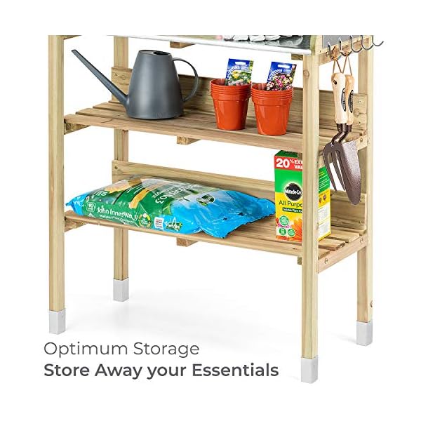 CHRISTOW Potting Table Bench With Hooks & Shelves, Wooden Outdoor Garden Table For Potting Plants, Galvanised Metal Top, H89cm x W76.5cm x D37cm - Image 5