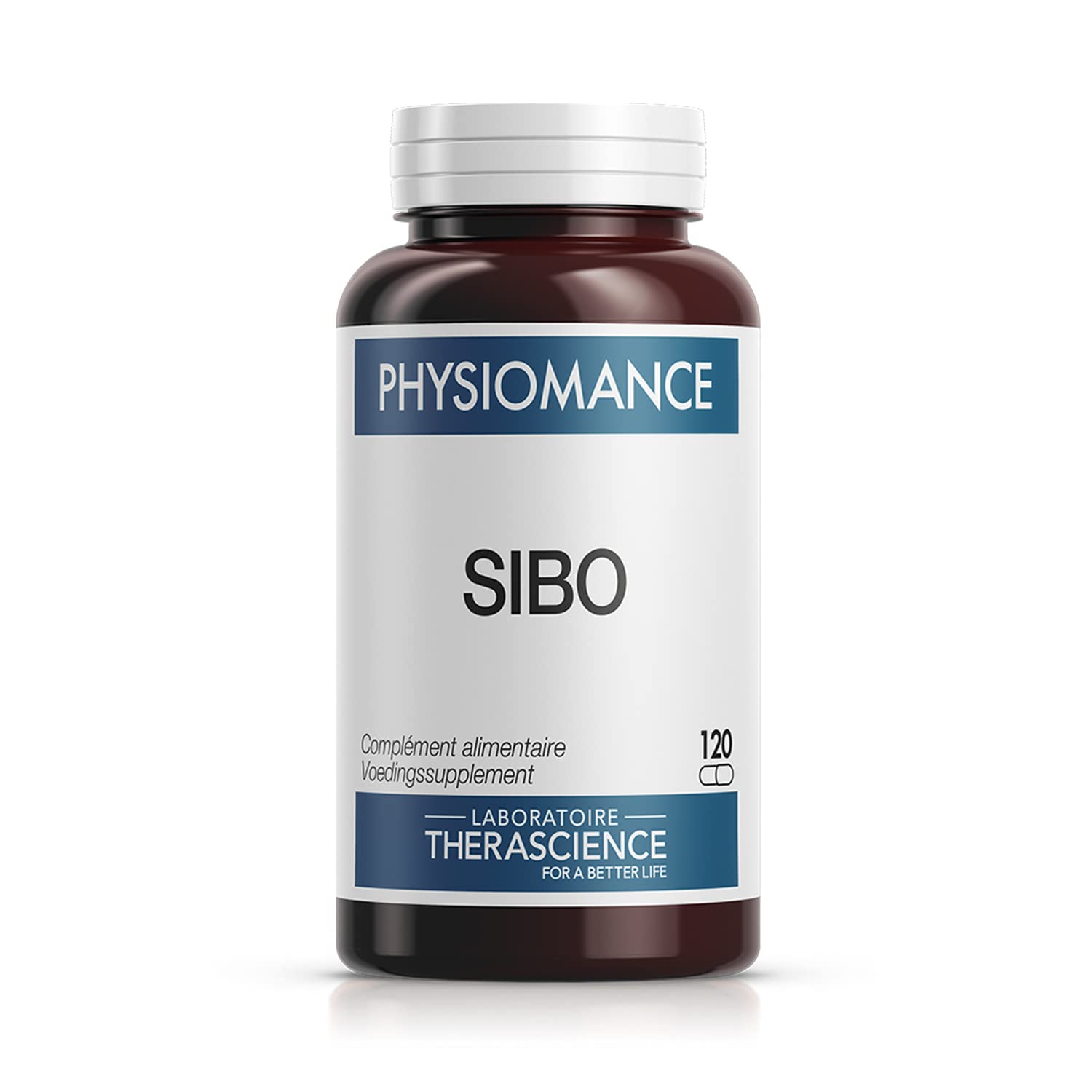 PHYSIOMANCE SIBO | Équilibre du microbiote intestinal | 7 bioactifs | Ail Carvi Romarin Safran Gingembre Menthe poivrée | 5 Enzymes | Vitamine B5 | 120 gélules | Laboratoire THERASCIENCE