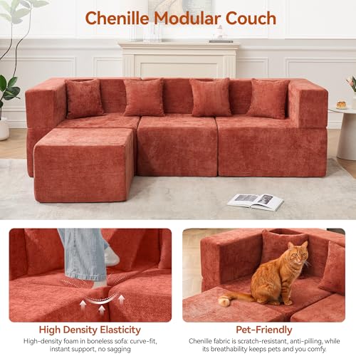 Image of MONVANE 103'' Modular Sectional Sofa, Cloud Sectional Couch with Ottoman, Convertible Chenille L Shaped Couch with Deep Seat, Sectional Couches for Living Room Bedroom, No Assembly Required, Rust Red