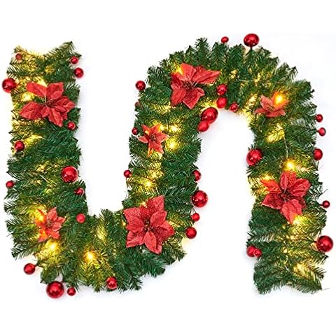 Christmas Garland with Lighting, 270 cm, Warm White Christmas Garland, Artificial Christmas Decoration Garland for Interior Decoration, Fireplaces, Stairs, Wall Door Home Decorations Cover