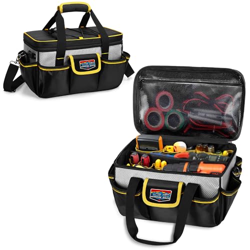 Rexmica 12-Inch Tool Storage Organizer for Men, Heavy-duty Small Tool Bag, Multi-functional Work Tote with Thick Padded Bottom and Shoulder Strap for Electrician, Repairman, Handyman, Gardener, Black
