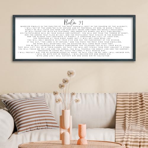 FZMHASLWW Psalm 91 Wall Art 32"×12" Christian Sign for Wooden Plaque Scripture Bible Verse Farmhouse Religious Holy Catholic Inspirational Quotes Vintage Catholic Bedroom Wall Hanging Decor (Black)