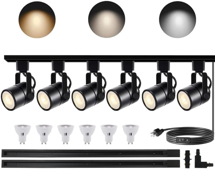 Black Dimmable LED Track Lighting Heads Kit,3CCT 10W Track Lights Heads 3000K/4000K/6000K Adjustable with 6.56FT H-Type Track Light Rails 6PCS Ceiling Spotlight Fixture Replaceable GU10 Bulbs