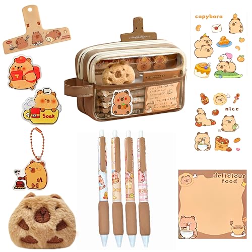 Image of Kawaii Capybara Pencil Case Kit with Plush +Notepad+Pendant+Stickers+Binder clips+Diary Clip+Pens, 5-Layer Large Capacity Capybara Stationery Set Gifts for Office, Makeup. (Brown)