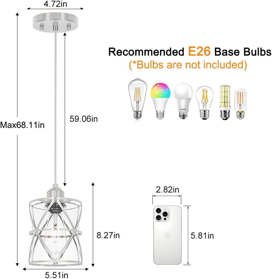 Brushed Nickel Pendant Lights for Kitchen Island, 2 Pack Adjustable Bathroom Pendant Light, Modern Hanging Lights with Clear Glass for Dining Room Island Sink, E26 Base,5.51'' Shade 59.06''Cord