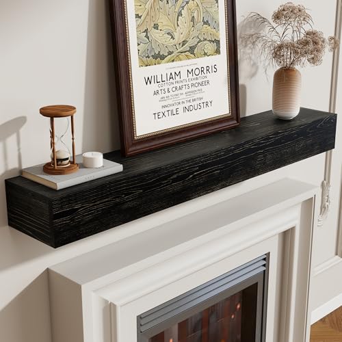 Marsmiles Fireplace Mantel Shelf 48 Inch, Rustic Handcrafted Wood Mantles for Over Fireplace, Farmhouse Wall Mounted Floating Shelves for Living Room Decor & Display, 48W x 5H x 8D, True Black