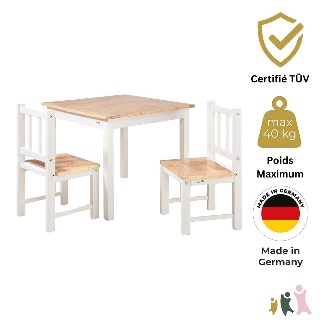 Geuther Ensemble Table et 2 Chaises pour Enfant – Bois de Haute Qualité – Design Ergonomique et Durable – Idéal pour Peinture, Jeux et Repas