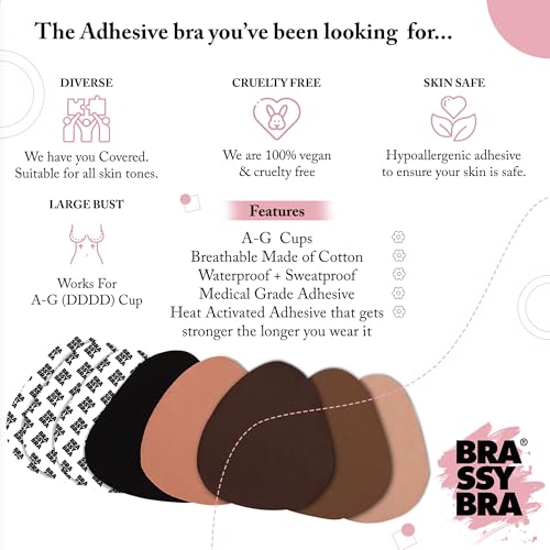 brassybra Strapless Boob Tape for A-G Cups, Strong Breast Lift Tape & Adhesive Bras, Breathable, Sweat-Proof & Waterproof with 3 Pairs Nipple Covers, Bra Tape for All Day Wear Chocolate4