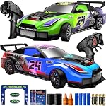 Geyiie 2 Pack RC Drift Cars, 1:24 Scale, Up to 70 Min Per Car | LED lights, drift and grip tires, barriers and challenge cards for 2-player indoor racing on wood, tile and smooth floors