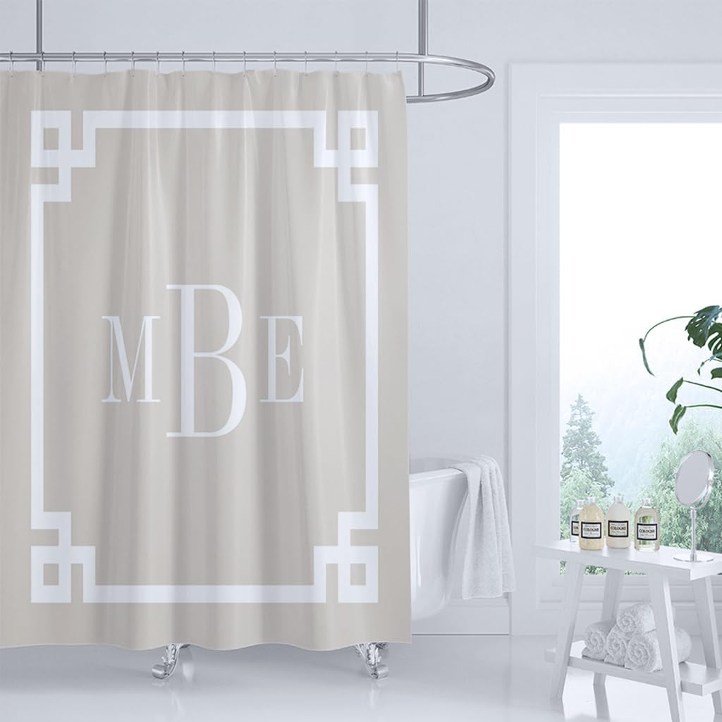 Shower Curtain, Linen Beige Greek Key Border Monogram Shower Curtains with 12 Hooks, Bathroom Bathtub Decor, Waterproof Shower Curtains for Bathroom, 72x84 Inches