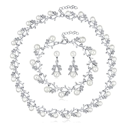 Lilingyu Collier de Perle Ensemble de Bijoux pour Femme et Fille Plaqué Argent Perle Collier Bracelet et Boucles d'oreilles Ensemble Élégant Mariage Mariée Soirée Accesoire (Argent) Cover