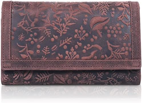 VALENCHI Women's Rfid Flower Embossed Leather Wallet -Multi Credit Card Slots,Mobile Case Coin Purse With Id Window(VINTAGE BROWN)
