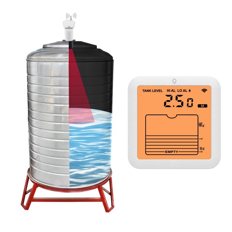 Monitor digitale del livello dell'acqua con display retroilluminato, wireless per indicatore di livello del serbatoio 1-5 m per portata, sistema di allarme alto/basso, sicurezza domestica e