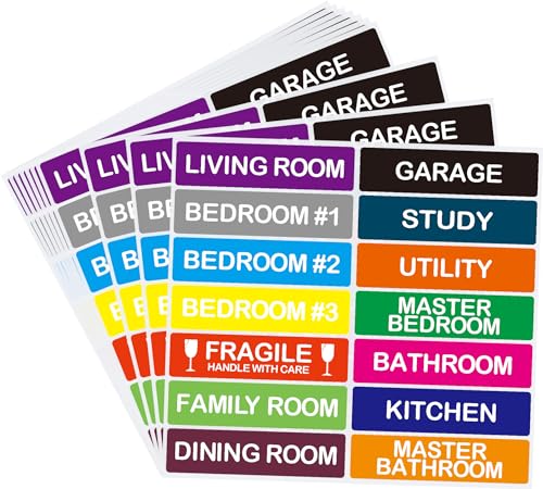 Hylabelest 140 Pcs Home Moving Color Coding Labels, Livingroom, Bedroom, Kitchen, Dining Room, Bathroom Label, 14 Spaces Sticker/Sheet（10 Sheets） 1×4 Inch