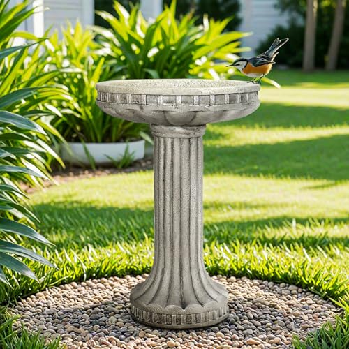 SunJet 24” H x 16” Dia Outdoor Birdbath with Classical Pedestal - Fibre Reinforced Concrete Birdbaths, Vintage Design for Garden Decor & Bird Attraction