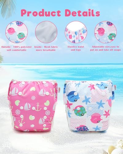 Image of ALVABABY Swim Diapers 2pcs Reusable Baby Girl Swim Diaper 0-8 Months Adjustable Snap Washable Infant Toddler Swimming Diaper for Pool Beach & Swim Lessons-Waterproof PUL Leak-Proof UPF 30+ Small Size