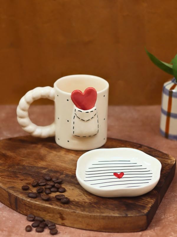 Image of WEAVING HOMES Handcrafted Ceramic Coffee Mug & Dessert Plate to Gift to Best Friend and Love Microwave Safe (Set of 2 - Love Letter Mug 280ml & Striped Heart Dessert Plate, Multicolor)