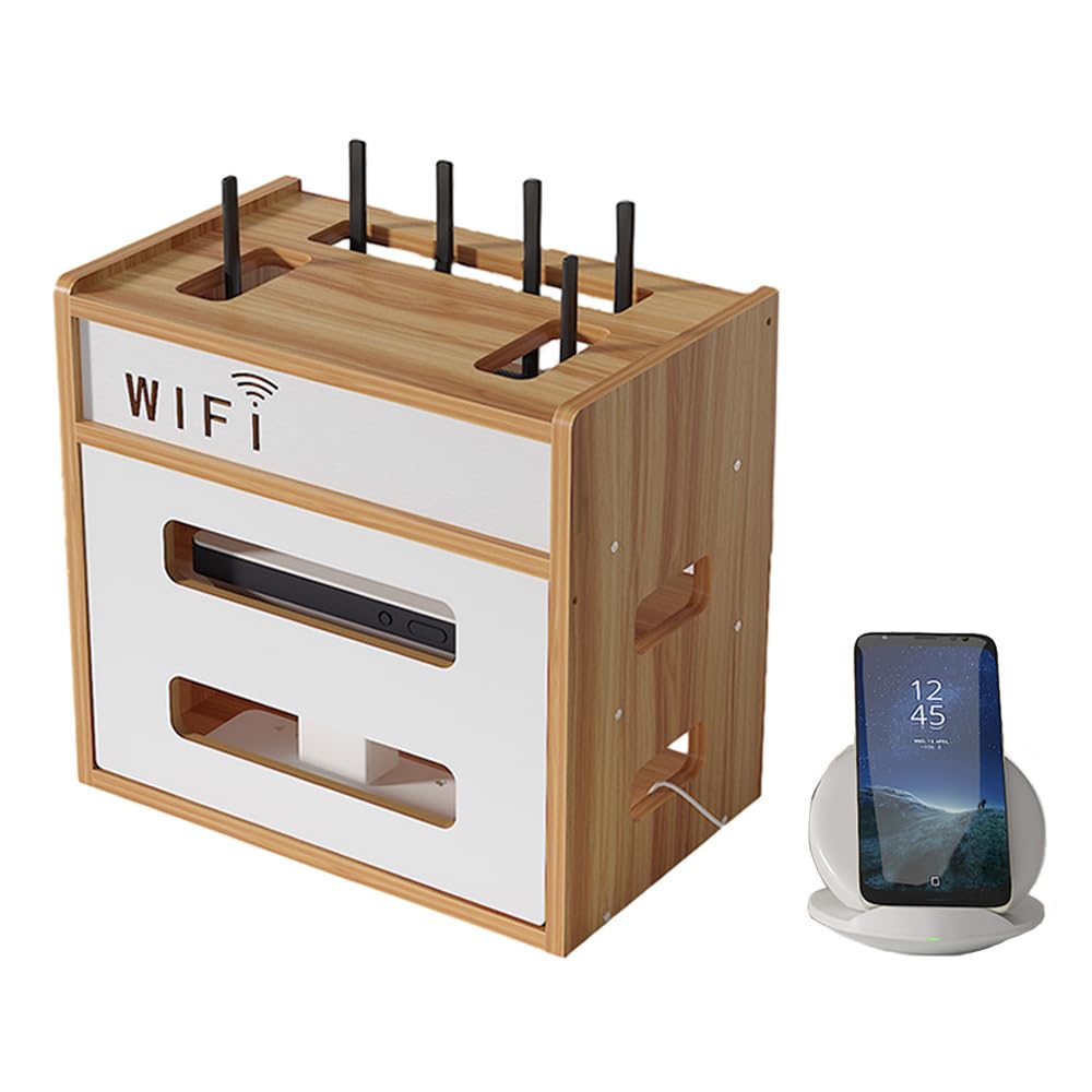 Haiansan Cherry Wood Wooden Router Shelf, Desktop Wifi Router Storage Box Modem Rack, Power Router Fences Standing Shelf Units, Cable Management Hider Box Organizer For Office And Home (Cherry Wood)