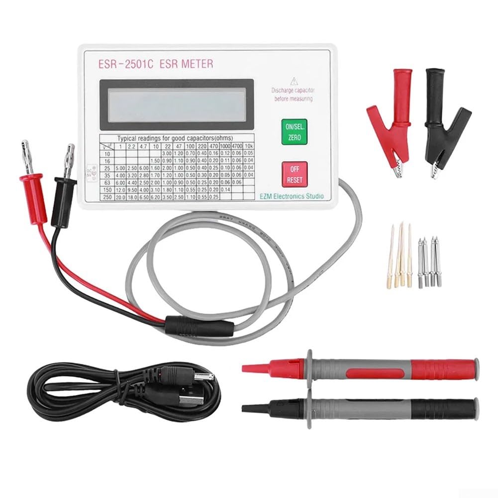 ESR DCR-Kondensator-Tester, digitales Messgerät, 0–25 Ω Bereich mit Messleitungen, Clip für Leiterplattenreparatur, Elektronik