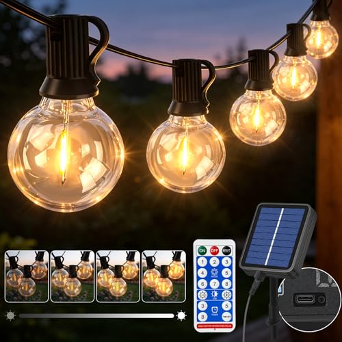 Jsdoin Guirnalda Luces Solares Exterior 15M, 20+2 Bombillas LED G40 Plástico IP44 Impermeable, 8 Modos con Control Remoto y Función Timer, Luz Decorativa para Jardín Patio Terraza Fiesta