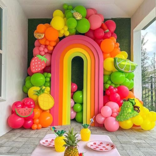 Fruit Balloon Garland Arch Kit Pink Rose Red Yellow Green Orange Balloons with Watermelon strawberry Lemon Orange Foil Balloons for Twotti Fruity Party Decorations Sweet Birthday Party