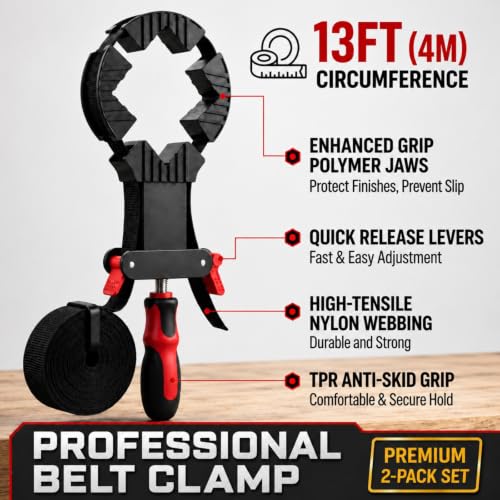 Image of Feekoon 2 Pack 13 FT Belt Band Strap Clamps for Woodworking, Quick Release Band Clamps with 4 Corner Claws, Thick and Sturdy Belt Clamp, Adjustable Picture Frame Clamp Tool (Red)