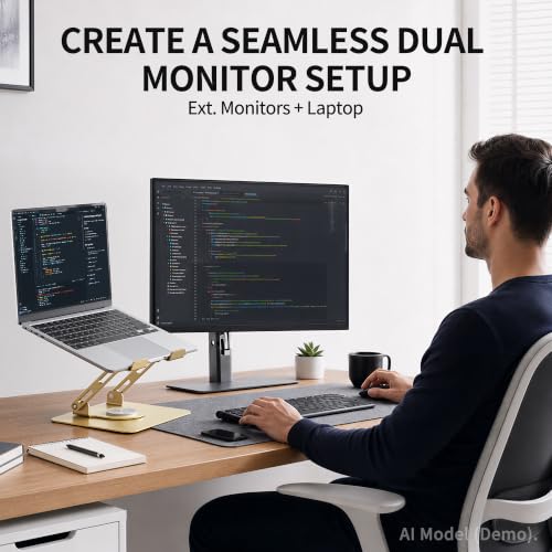 Image of SOUNDANCE 360 Rotating Laptop Stand, Ergonomic Computer Riser for Desk, Adjustable Height Multi-Angle Metal Holder, Foldable Portable Notebook Elevating Base for Office & Home, Gold