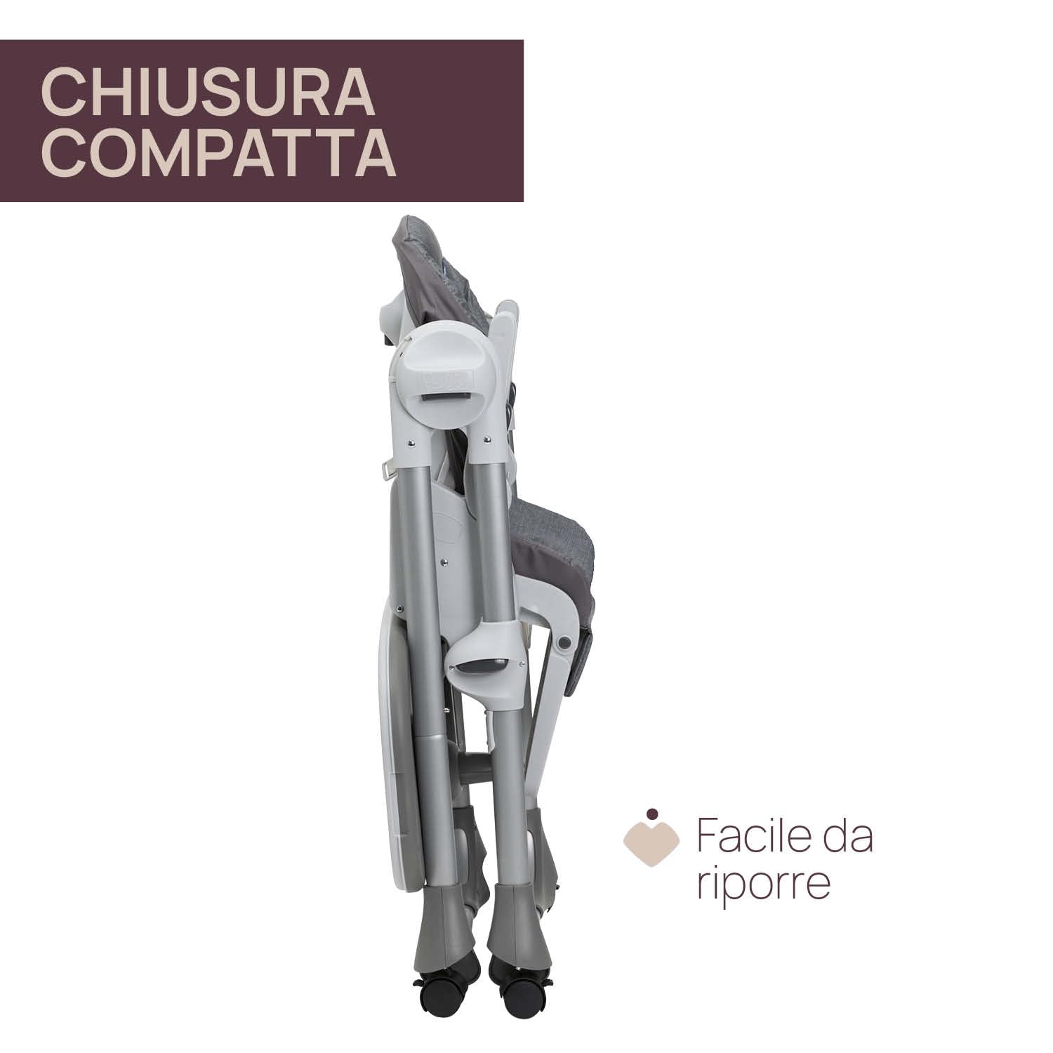 Polly Easy Seggiolone Pappa Evolutivo per Bambini da 6 Mesi a 3 Anni (15 kg), Seggiolone Reclinabile a Sdraietta con Altezza e Poggiapiedi Regolabili, 4 Ruote, Chiusura Compatta - Grey Melange