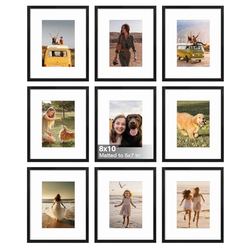 KINLINK 8x10 Picture Frame Set of 9 10x8 Photo Frames with Plexiglass for 5x7 Pictures with Mat or 8x10 Without Mat Art Collage for Wall Gallery and Tabletop Display 8 x 10 Frame Black