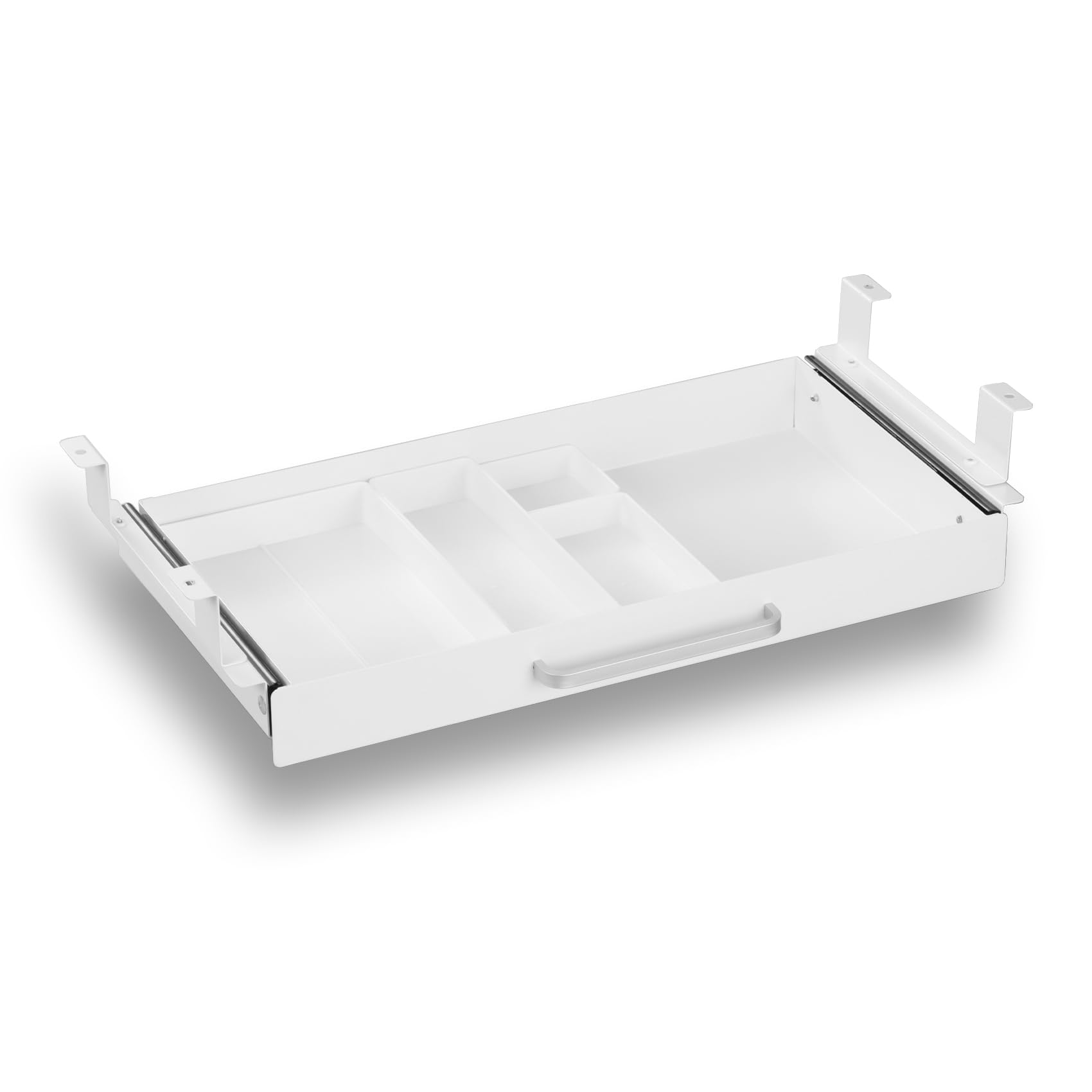 OSteed Under Desk Drawer Organiser 54cm with 4 Plastic Divider Trays, Sliding Pull-Out Pencil Drawer Storage Box for Home Office Standing Work Table, Desk Accessories, White โ image 1